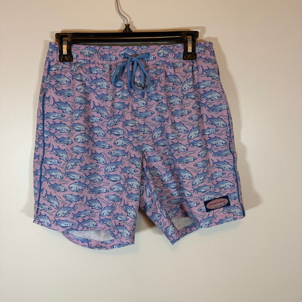 Vineyard Vines Printed Chappy Swim Trunks Mens S Pink and Blue Fish Swimwear